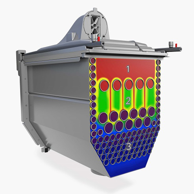 Simulare 3D a unui schimbător de căldură, cu reprezentarea colorată a zonelor de temperatură și ardere.