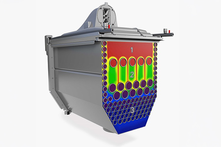 Ilustrație tehnică a tehnologiei schimbătorului de căldură hex³, cu structură tubulară și simularea distribuției temperaturii pentru o producere eficientă a căldurii.
