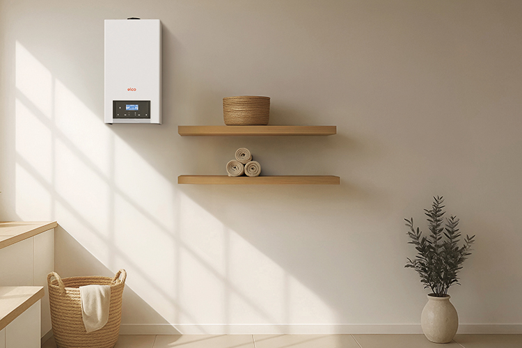 Unitate murală de încălzire în condensație pe gaz ELCO, amplasată într-un spațiu interior modern, cu elemente de design discret.