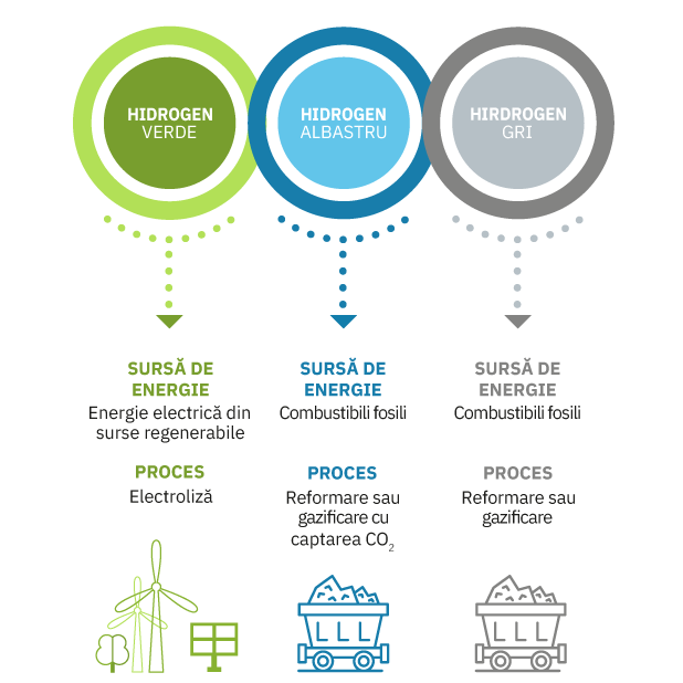Infografic care compară hidrogenul verde, albastru și gri în funcție de sursele de energie și procesele de producție.